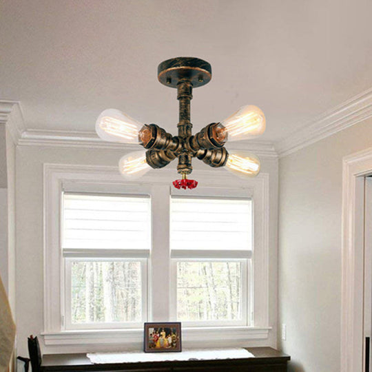 Iron Industrial-Style 4-Light Bronze Semi Flush Mount with Burst Pipe Foyer Ceiling Design