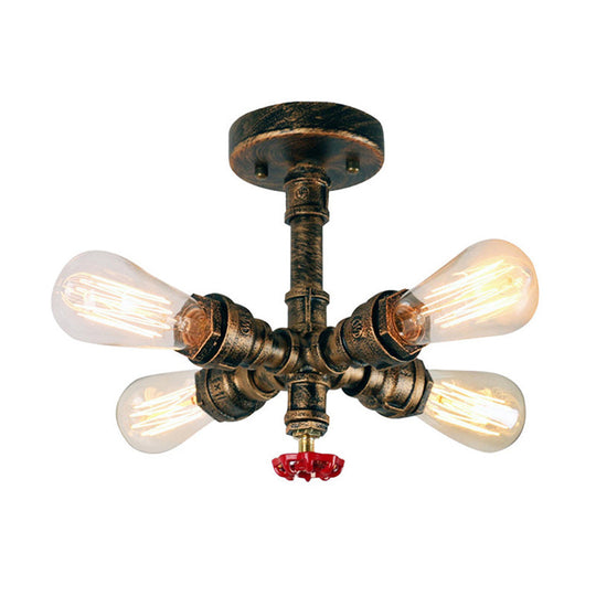 Iron Industrial-Style 4-Light Bronze Semi Flush Mount with Burst Pipe Foyer Ceiling Design