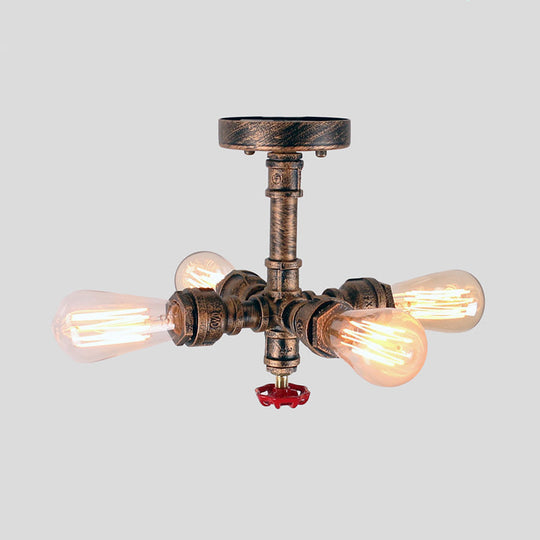 Iron Industrial-Style 4-Light Bronze Semi Flush Mount with Burst Pipe Foyer Ceiling Design