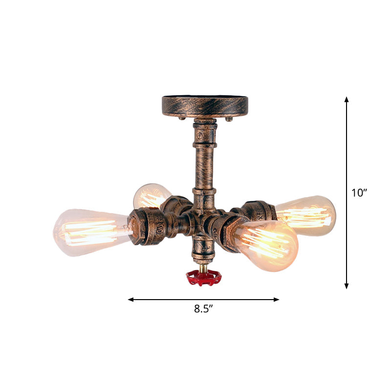 Iron Industrial-Style 4-Light Bronze Semi Flush Mount with Burst Pipe Foyer Ceiling Design