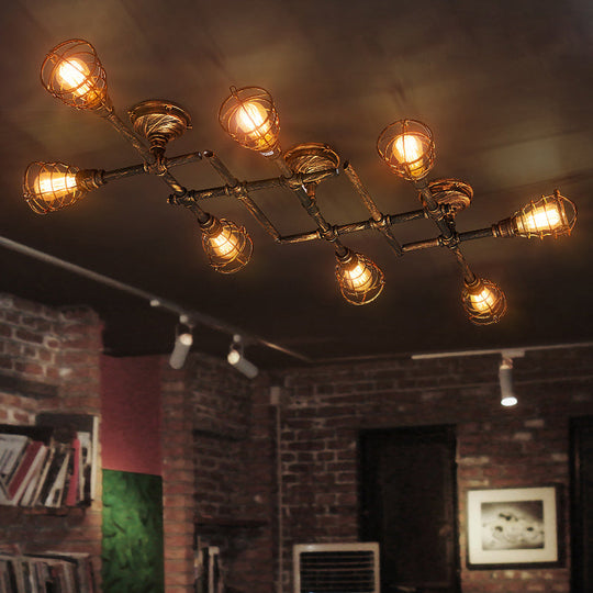 Industrial Intersecting Piping Ceiling Light - Iron Semi Flush Mounted with Cage Guard, Brass Finish (4/5/8 Heads)