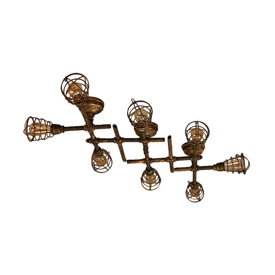 Industrial Intersecting Piping Ceiling Light - Iron Semi Flush Mounted with Cage Guard, Brass Finish (4/5/8 Heads)