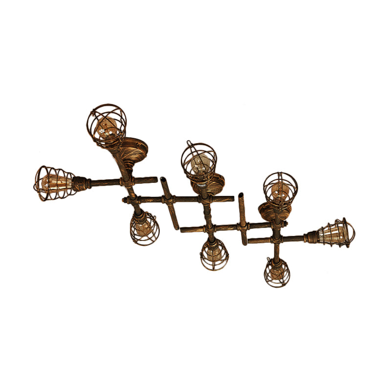 Industrial Intersecting Piping Ceiling Light - Iron Semi Flush Mounted With Cage Guard Brass Finish