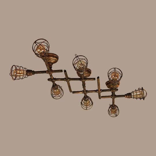 Industrial Intersecting Piping Ceiling Light - Iron Semi Flush Mounted with Cage Guard, Brass Finish (4/5/8 Heads)