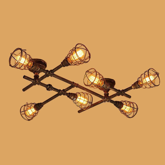 Industrial Intersecting Piping Ceiling Light - Iron Semi Flush Mounted with Cage Guard, Brass Finish (4/5/8 Heads)