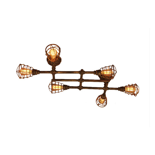 Industrial Intersecting Piping Ceiling Light - Iron Semi Flush Mounted with Cage Guard, Brass Finish (4/5/8 Heads)