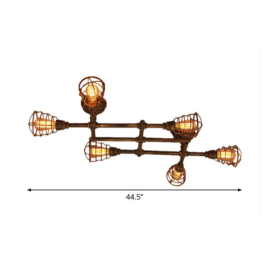 Industrial Intersecting Piping Ceiling Light - Iron Semi Flush Mounted with Cage Guard, Brass Finish (4/5/8 Heads)