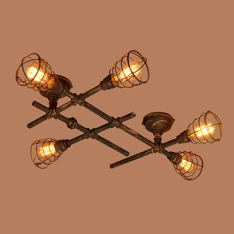 Industrial Intersecting Piping Ceiling Light - Iron Semi Flush Mounted with Cage Guard, Brass Finish (4/5/8 Heads)