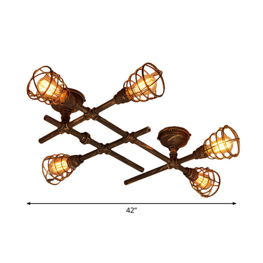 Industrial Intersecting Piping Ceiling Light - Iron Semi Flush Mounted with Cage Guard, Brass Finish (4/5/8 Heads)