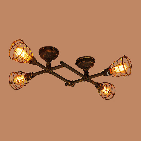 Industrial Intersecting Piping Ceiling Light - Iron Semi Flush Mounted with Cage Guard, Brass Finish (4/5/8 Heads)