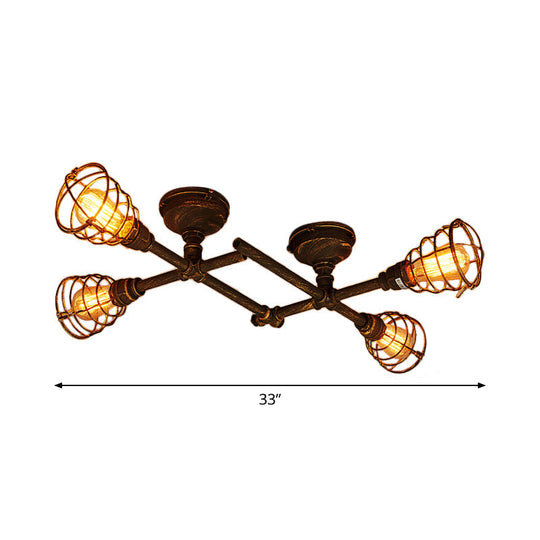 Industrial Intersecting Piping Ceiling Light - Iron Semi Flush Mounted with Cage Guard, Brass Finish (4/5/8 Heads)