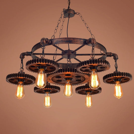 Antique Bronze Wood Carved Gear Chandelier: Loft-Style Pendant Lamp with 1/3/7-Bulb Bistro Down Lighting