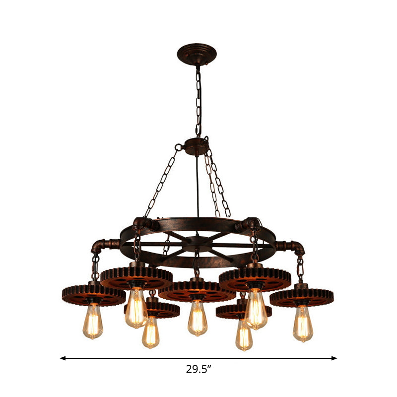 Antique Bronze Wood Carved Gear Chandelier: Loft-Style Pendant Lamp with 1/3/7-Bulb Bistro Down Lighting