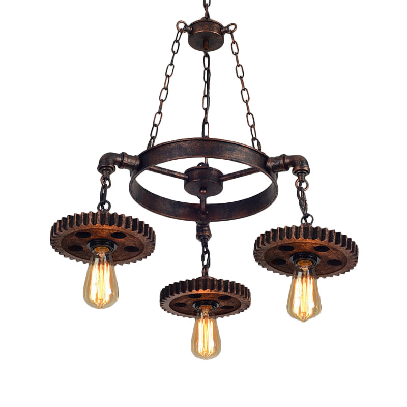 Loft Style Wood Carved Gear Chandelier Lamp In Antique Bronze - Bistro Pendant Lighting (1/3/7-Bulb