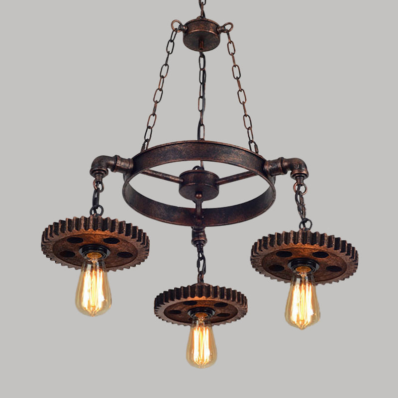 Antique Bronze Wood Carved Gear Chandelier: Loft-Style Pendant Lamp with 1/3/7-Bulb Bistro Down Lighting