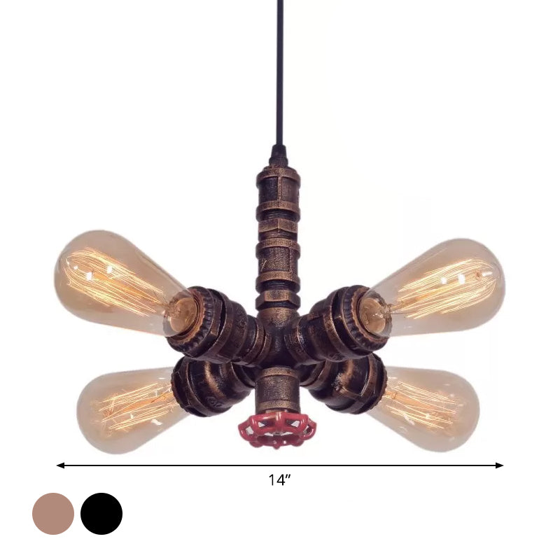 Radial Design Metal Pendant Chandelier: 4-Light Drop Lamp In Bronze/Black