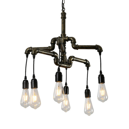 Industrial Bronze Water Pipe Chandelier: 2-Layer Iron 4/6 Heads Dining Room Ceiling Light