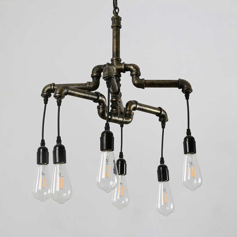 Industrial Bronze Water Pipe Chandelier: 2-Layer Iron 4/6 Heads Dining Room Ceiling Light