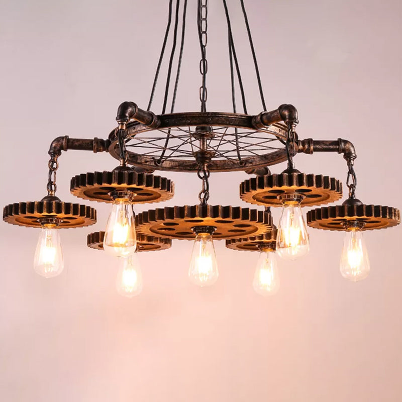 Antiqued Bronze Gear Chandelier - Loft Style Iron 3/5/7-Light Ceiling Lamp for Living Room Suspension