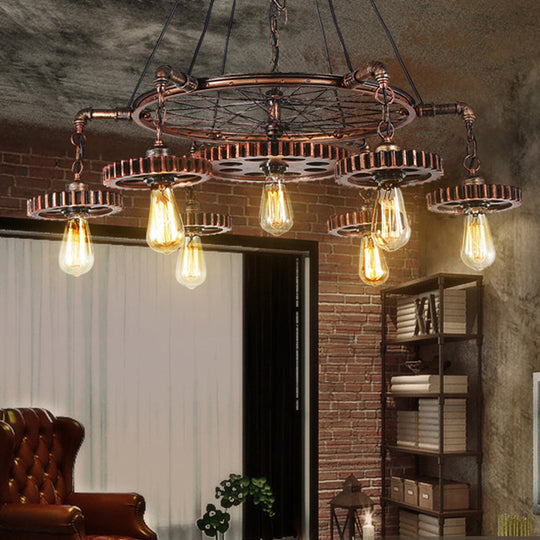 Antiqued Bronze Gear Chandelier - Loft Style Iron 3/5/7-Light Ceiling Lamp for Living Room Suspension