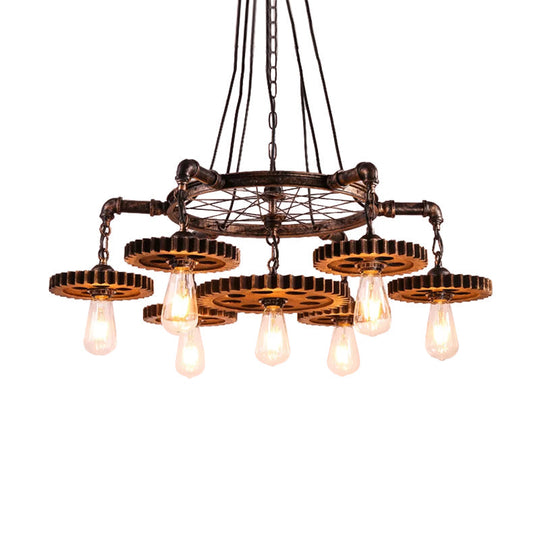 Antiqued Bronze Gear Chandelier - Loft Style Iron 3/5/7-Light Ceiling Lamp for Living Room Suspension