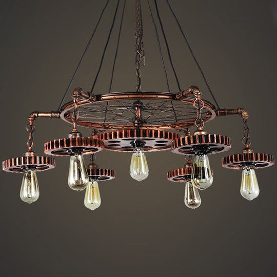 Bronze Gear Chandelier - Loft Style Iron Suspension Lamp For Living Room 3/5/7-Light Ceiling Fixture