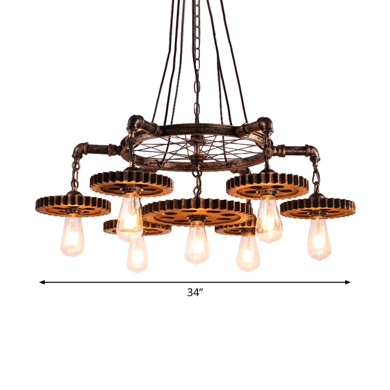 Antiqued Bronze Gear Chandelier - Loft Style Iron 3/5/7-Light Ceiling Lamp for Living Room Suspension