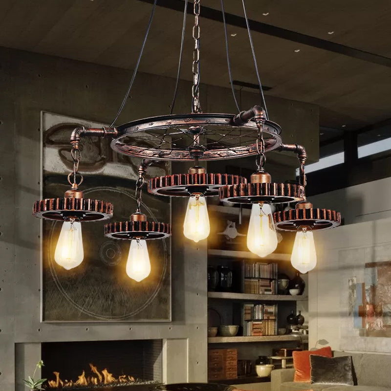 Bronze Gear Chandelier - Loft Style Iron Suspension Lamp For Living Room 3/5/7-Light Ceiling Fixture