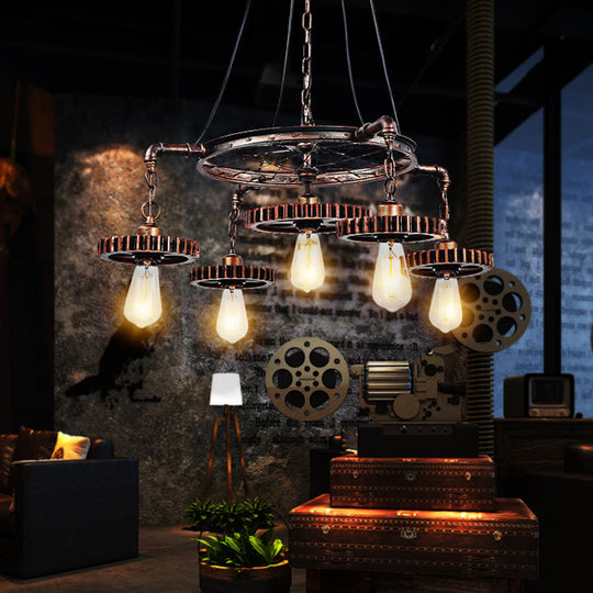 Bronze Gear Chandelier - Loft Style Iron Suspension Lamp For Living Room 3/5/7-Light Ceiling Fixture