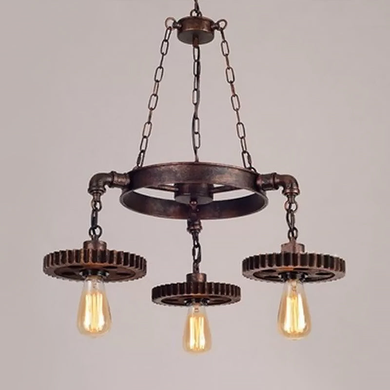 Bronze Gear Chandelier - Loft Style Iron Suspension Lamp For Living Room 3/5/7-Light Ceiling Fixture