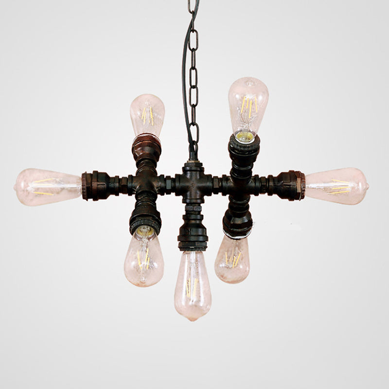 Industrial-Style Black Chandelier: 7-Head Wrought Iron Plumbing Pipe Pendant Light