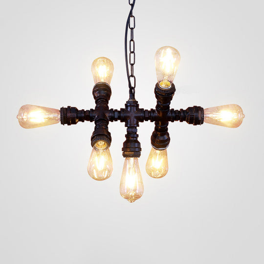 Industrial-Style Black Chandelier: 7-Head Wrought Iron Plumbing Pipe Pendant Light