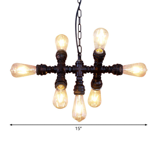 Industrial-Style Black Chandelier: 7-Head Wrought Iron Plumbing Pipe Pendant Light