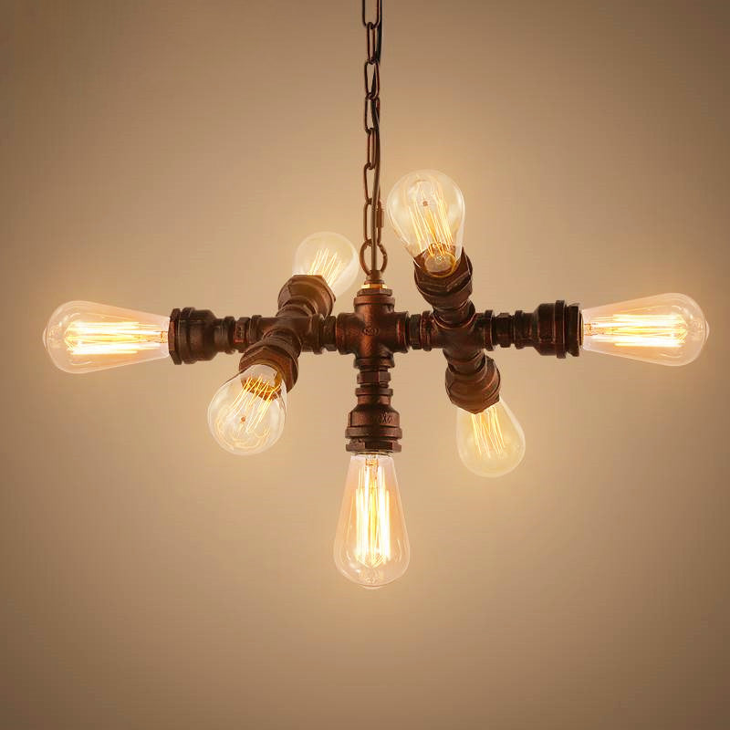 Steampunk Iron Piping Bistro Chandelier - Sputnik Design With 7 Bulbs Antique Bronze Ceiling Hang