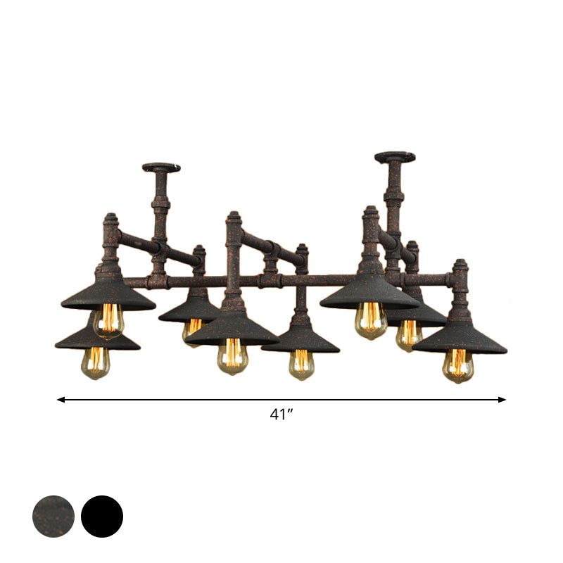 Steampunk Iron Chandelier with Saucer Shades in Black/Rust - 5/8/11 Bulbs for Living Room Piping Design