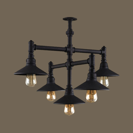 Steampunk Iron Chandelier with Saucer Shades in Black/Rust - 5/8/11 Bulbs for Living Room Piping Design