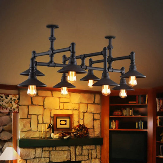 Steampunk Iron Chandelier with Saucer Shades in Black/Rust - 5/8/11 Bulbs for Living Room Piping Design