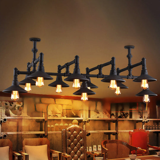 Steampunk Iron Chandelier with Saucer Shades in Black/Rust - 5/8/11 Bulbs for Living Room Piping Design