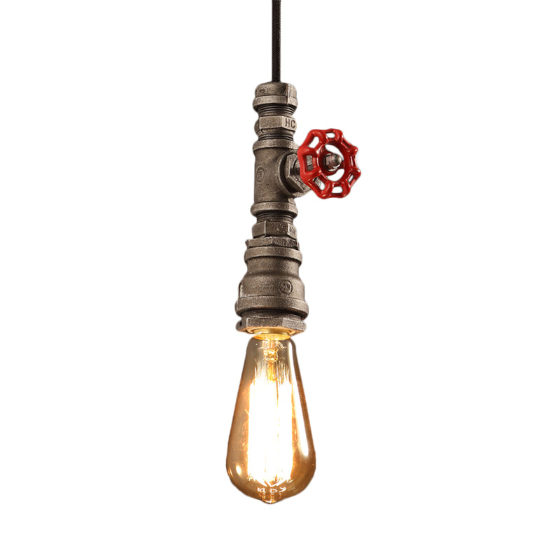 Loft Style Single-Bulb Pipe Pendant Light | Black/Silver/Bronze Metallic Hanging Lamp with Water Valve Deco