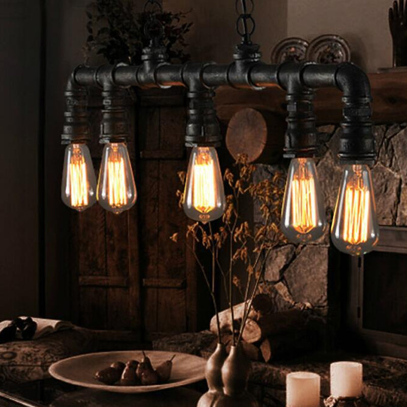 Steampunk Metal Water Pipe Pendant Light - 5 Bulbs Black Ideal For Dining Room Or Hanging Island