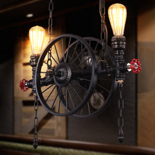 Industrial Iron Hanging Light Fixture - Wheel Piping 2/3/4 Heads Black For Living Room Island