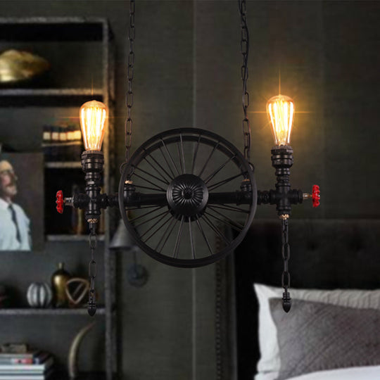 Industrial Iron Hanging Light Fixture - Wheel Piping 2/3/4 Heads Black For Living Room Island