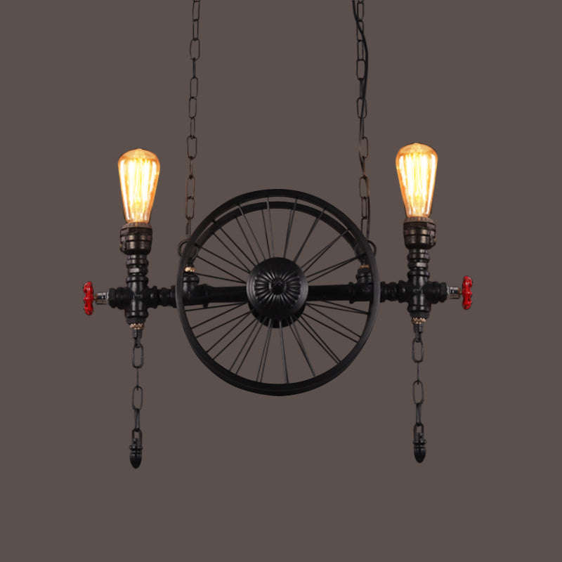 Industrial Iron Hanging Light Fixture - Wheel Piping 2/3/4 Heads Black For Living Room Island