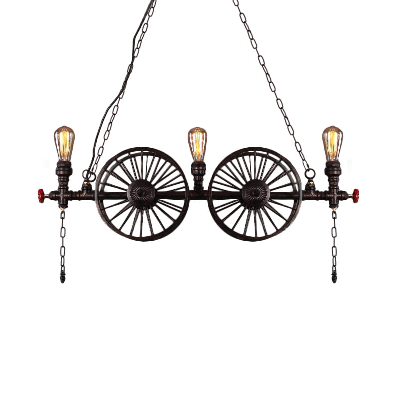 Industrial Iron Hanging Light Fixture - Wheel Piping 2/3/4 Heads Black For Living Room Island