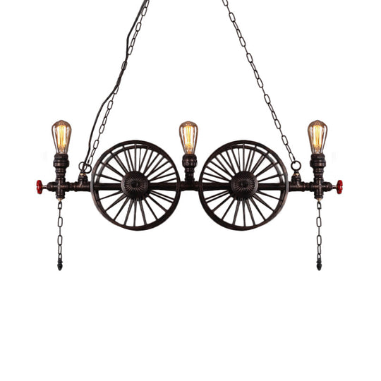 Industrial Iron Hanging Light Fixture - Wheel Piping 2/3/4 Heads Black For Living Room Island