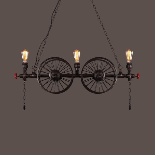 Industrial Iron Hanging Light Fixture - Wheel Piping 2/3/4 Heads Black For Living Room Island