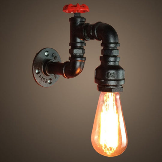 Steampunk Iron Wall Mount Lamp With Red Valve - Black Faucet 1-Light Kit For Living Room