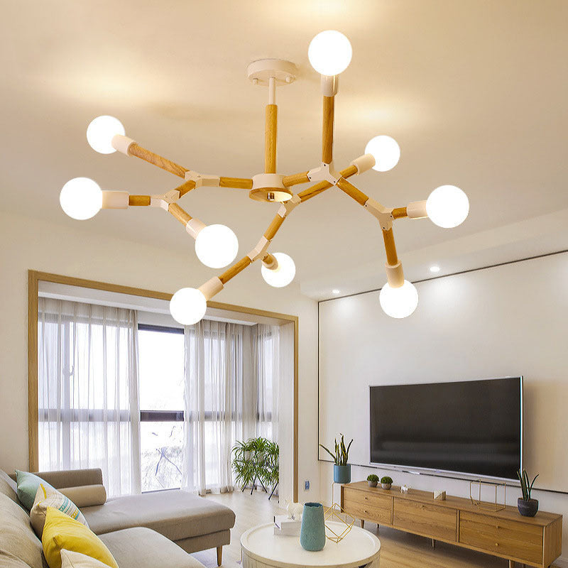 Modern Wooden Molecular Chandelier with Bare Bulbs - 3/6/9 Lights - Black/White Ceiling Hang Lamp