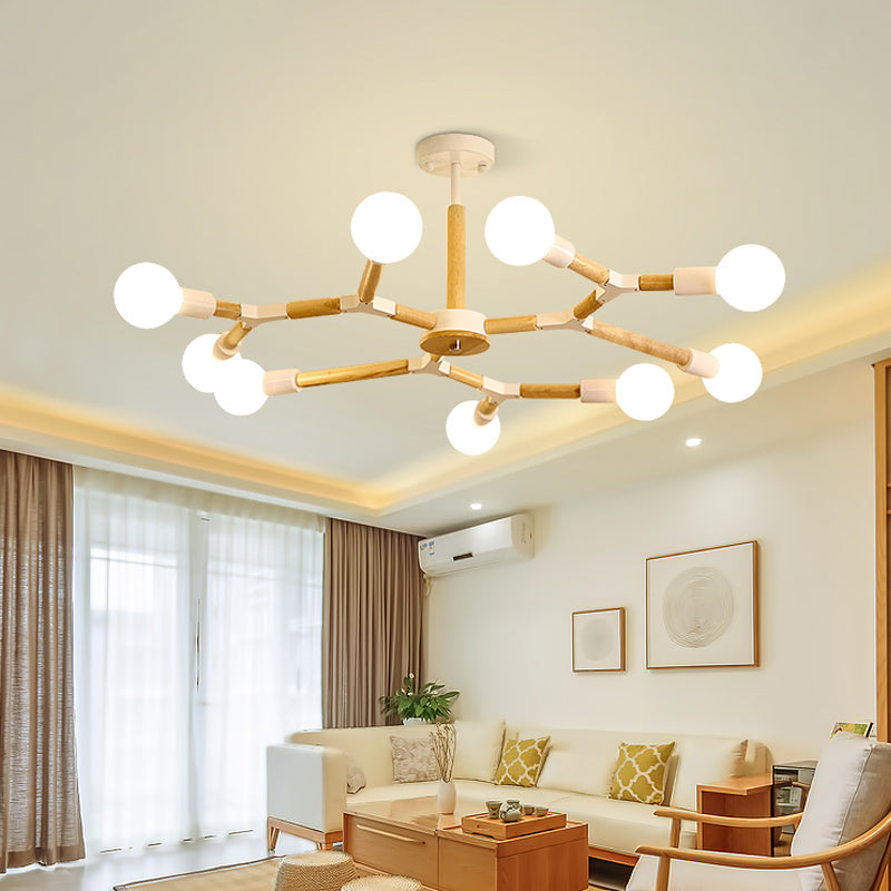 Modern Wooden Molecular Chandelier with Bare Bulbs - 3/6/9 Lights - Black/White Ceiling Hang Lamp