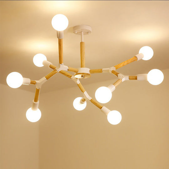 Modern Wooden Molecular Chandelier with Bare Bulbs - 3/6/9 Lights - Black/White Ceiling Hang Lamp